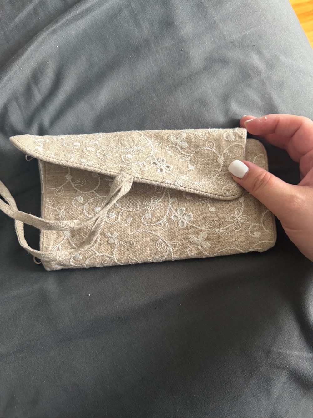 Oscar de la Renta Beige Embroidered Fold-Over Clutch
